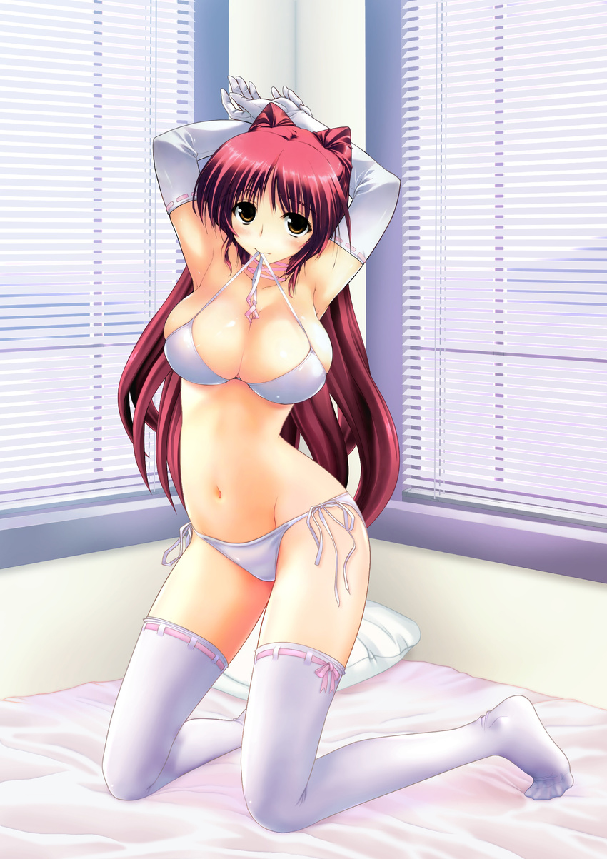 absurdres amazuyu_tatsuki armpits arms_behind_head arms_up bed bed_sheet bedroom blinds blush body_blush bra breasts choker cleavage collarbone elbow_gloves feet gloves groin headshop highres indoors kneeling kousaka_tamaki large_breasts lingerie long_hair looking_at_viewer mouth_hold navel panties pillow pink_ribbon purple_hair ribbon ribbon-trimmed_gloves ribbon-trimmed_legwear ribbon_choker ribbon_trim shiny shiny_skin shy side-tie_panties socks solo source_request thighhighs third-party_edit to_heart_2 toes underwear underwear_only white_bra white_gloves white_legwear white_panties window windowsill yellow_eyes
