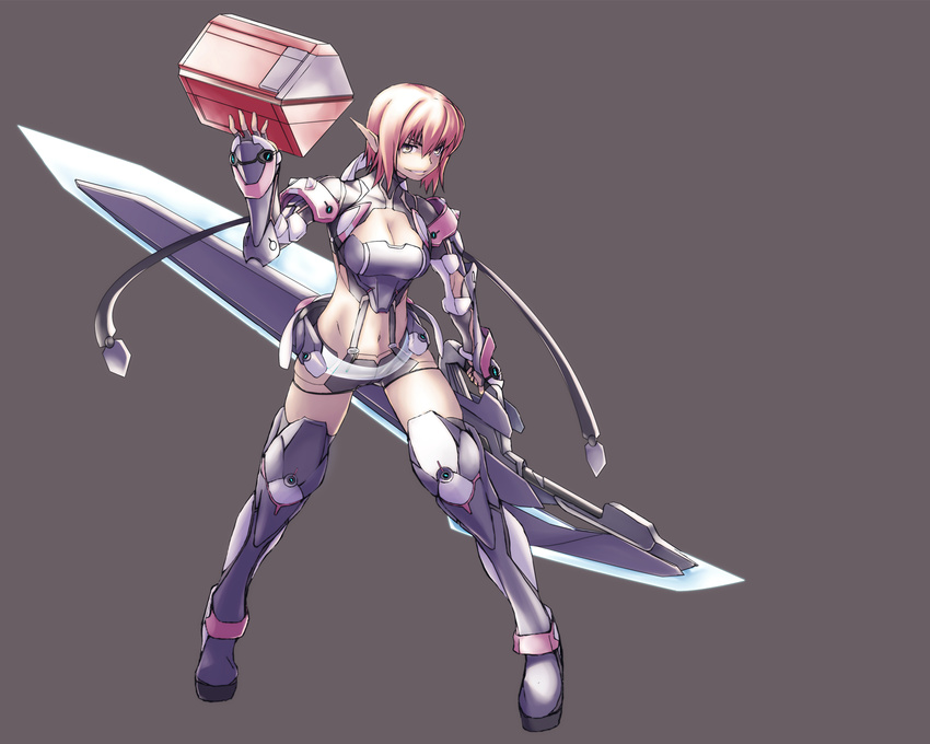 arm_up boots box breasts cleavage cleavage_cutout energy_sword energy_weapon grey_background grin highres holding huge_weapon looking_at_viewer medium_breasts midriff navel neighbor_quartz phantasy_star phantasy_star_online_2 pointy_ears red_hair short_hair sidelocks smile solo standing sue_(pso2) sword tamamu thigh_boots thighhighs weapon yellow_eyes