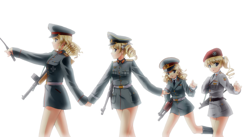 ak-47 assault_rifle beret blonde_hair blue_eyes boots bundeswehr commentary drill_hair german gun h&amp;k_mp5 hat heckler_&amp;_koch highres holding_hands iron_cross long_hair military military_uniform mizuki_(mizuki_ame) mp18 mp40 multiple_girls no_pants nva_uniform open_mouth original peaked_cap pointing ponytail ranguage reichswehr rifle short_hair sleeves_past_wrists smile submachine_gun uniform weapon wehrmacht