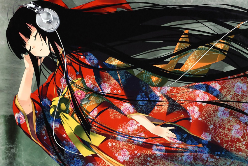 akg black_hair closed_eyes dutch_angle hair_ribbon headphones highres japanese_clothes k701 kimono long_hair original refeia ribbon solo