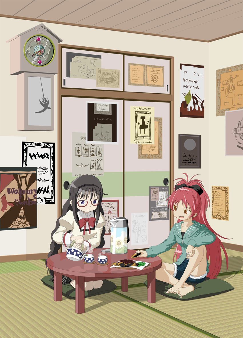 akemi_homura analog_clock barefoot black_hair braid brown_eyes chabudai_(table) clock commentary_request cup cushion food glasses highres indoors knives_(knives777) kyubey long_hair mahou_shoujo_madoka_magica multiple_girls pendulum_clock pillow ponytail pouring purple_eyes red-framed_eyewear red_hair sakura_kyouko school_uniform seiza senbei sitting sliding_doors table tatami tea teacup teapot twin_braids wall_clock walpurgisnacht_(madoka_magica) zabuton