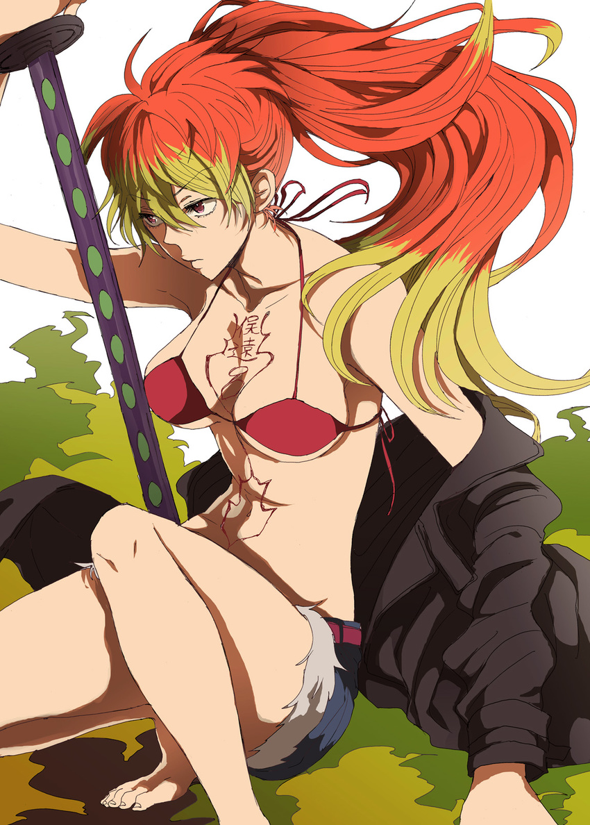 ao_no_exorcist bad_id bad_pixiv_id barefoot bikini_top highres jacket katana kirigakure_shura knee_up long_hair midriff multicolored_hair ponytail short_shorts shorts solo squatting sword tattoo weapon yuki_(ulfe)