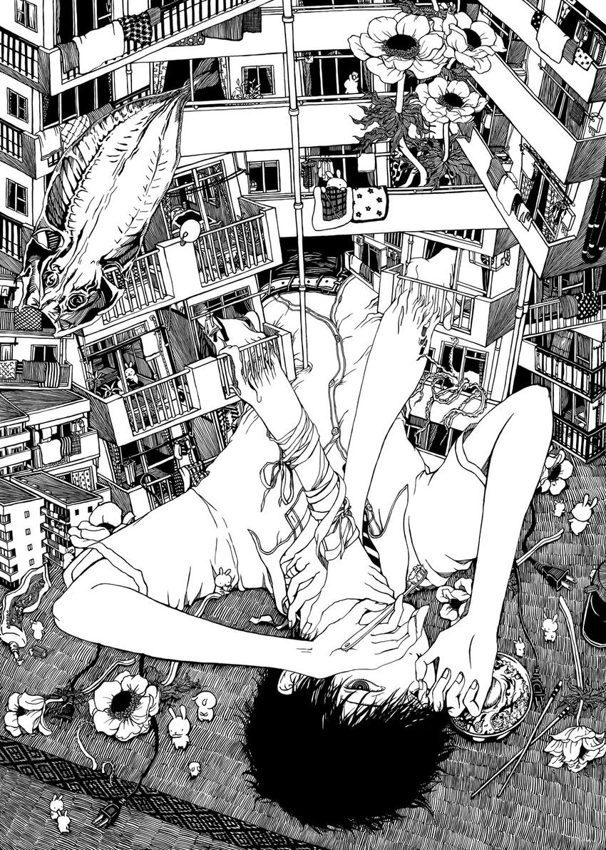 arms_up balcony bandages bed belt black_hair blanket building bunny cable chopsticks curtains fish flower flying_fish food from_above greyscale hands highres lying male_focus melting monochrome octopus on_back original shirt soga_kayoko solo strangling surreal tatami toothbrush toothpaste tube unbuttoned window