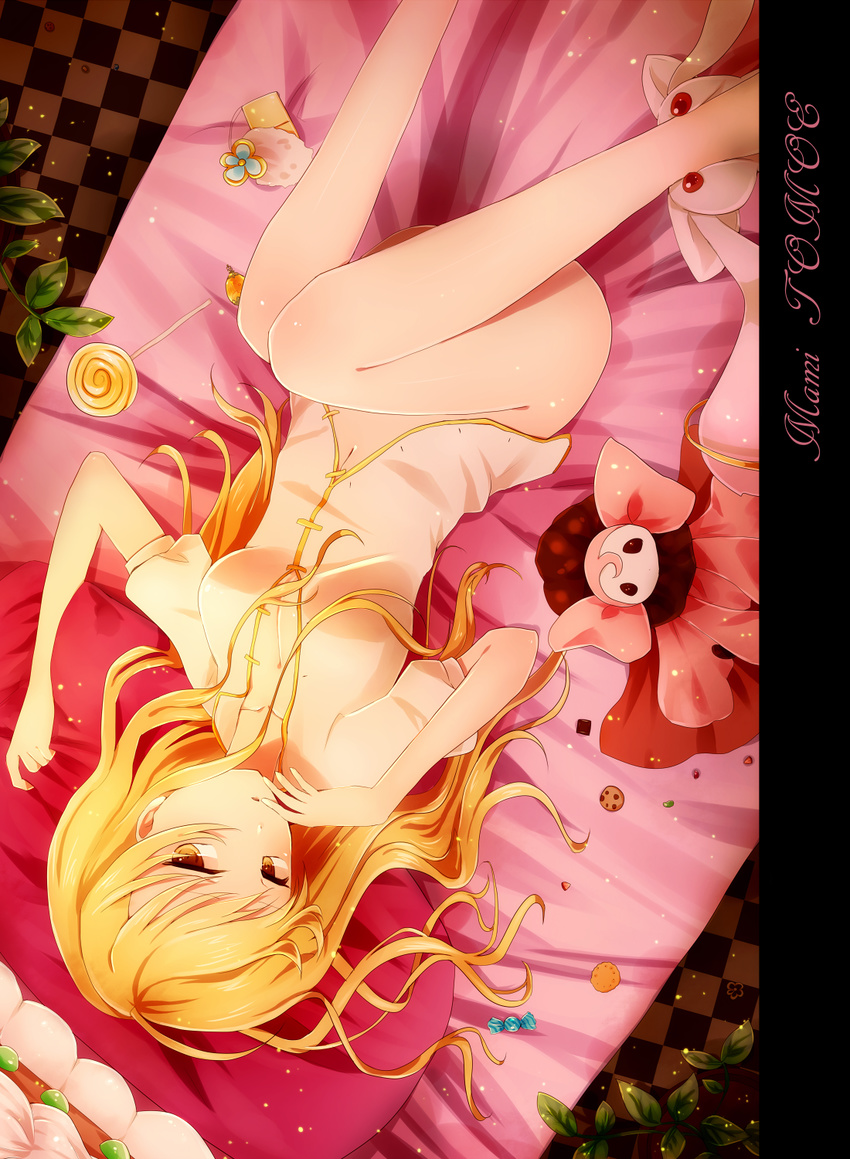 alternate_hairstyle bad_id bad_pixiv_id bed blonde_hair bottomless breasts candy cellphone charlotte_(madoka_magica) checkered checkered_floor cleavage collarbone cookie doll food hand_to_own_mouth highres kurone_roku kyubey large_breasts lollipop long_hair mahou_shoujo_madoka_magica navel no_panties phone pillow plant shirt solo soul_gem swirl_lollipop tomoe_mami yellow_eyes