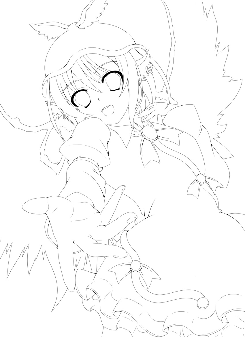 absurdres animal_ears bad_id bad_pixiv_id dress earrings girls_century greyscale hat highres jewelry lineart monochrome mystia_lorelei outstretched_hand short_hair solo touhou transparent_background wings