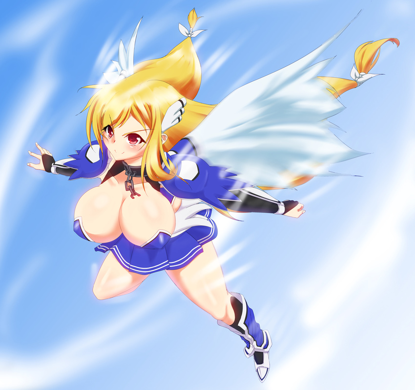 :&gt; artist_request astraea blonde_hair breasts cleavage collar fingerless_gloves flying gloves highres huge_breasts red_eyes skirt sky sora_no_otoshimono wings