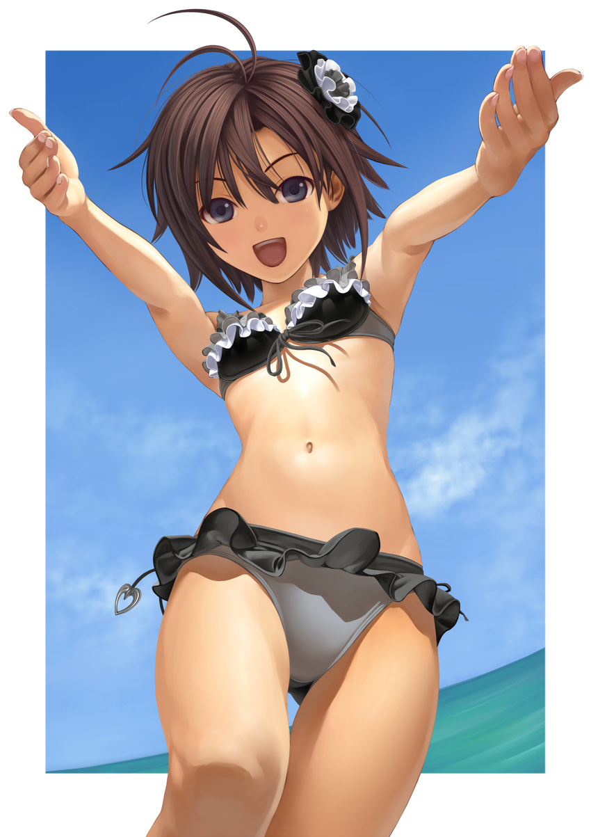 absurdres antenna_hair armpits bikini black_bikini blue_eyes brown_hair day frilled_bikini frills front-tie_top hair_ornament heart highres idolmaster idolmaster_(classic) idolmaster_2 kikuchi_makoto md5_mismatch navel nekopuchi ocean open_mouth outdoors outstretched_arms short_hair sky smile solo swimsuit thigh_gap