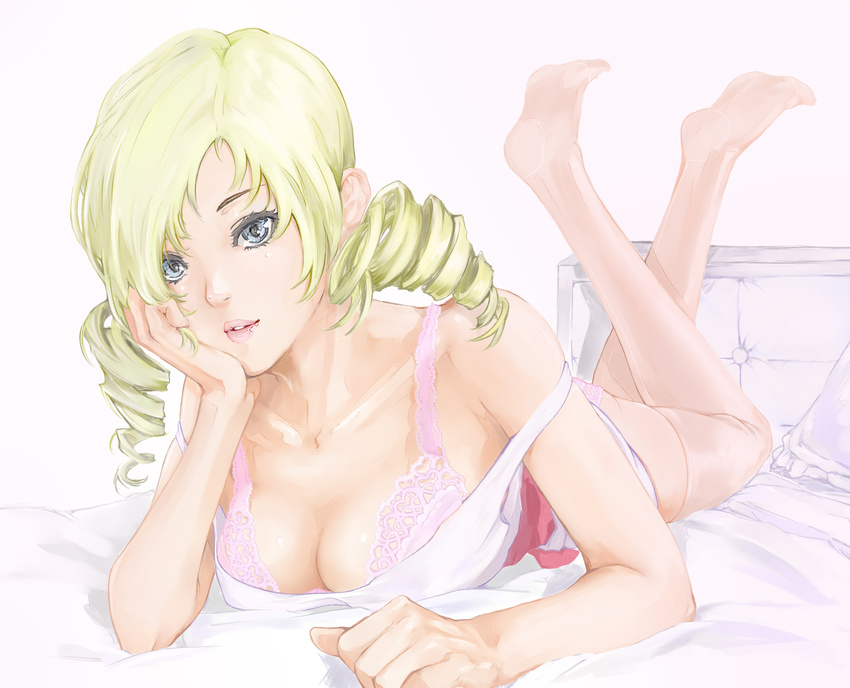 blonde_hair bra breasts catherine catherine_(game) chin_rest cleavage collarbone covered_nipples downblouse drill_hair face highres lingerie lips lying medium_breasts on_bed on_stomach pink_bra solo strap_slip thighhighs twin_drills twintails underwear yamaishi_(mukoubuti)