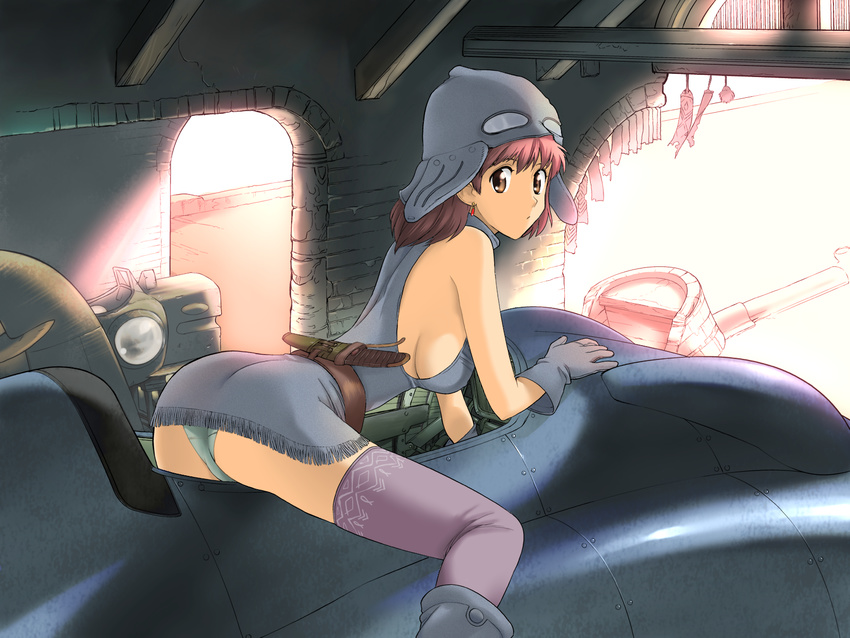 aircraft airplane ass aviator_cap bare_shoulders bent_over blue_panties breasts brown_eyes brown_hair cockpit earrings fringe_trim from_behind gloves goggles gunship_(kaze_no_tani_no_nausicaa) highres jewelry kaze_no_tani_no_nausicaa kikumaru_bunta knife looking_at_viewer looking_back medium_breasts nausicaa non-web_source panties pantyshot sideboob solo straddling sunlight thighhighs underwear upskirt