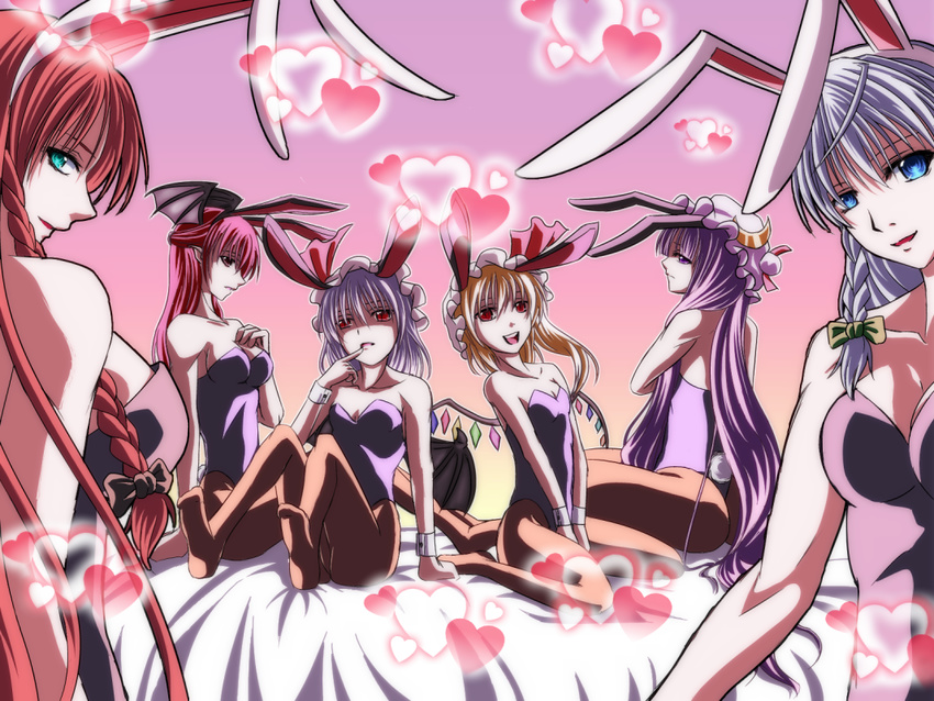 animal_ears aqua_eyes ass bed black_wings blonde_hair blue_eyes bow braid breasts brown_legwear bunny_ears bunny_tail bunnysuit cleavage crescent feet flandre_scarlet gem hair_bow hakomaru_(pandora_box) hat head_wings heart hong_meiling izayoi_sakuya koakuma long_hair medium_breasts multiple_girls pantyhose patchouli_knowledge purple_eyes purple_hair red_eyes red_hair remilia_scarlet silver_hair slit_pupils tail touhou v_arms wings