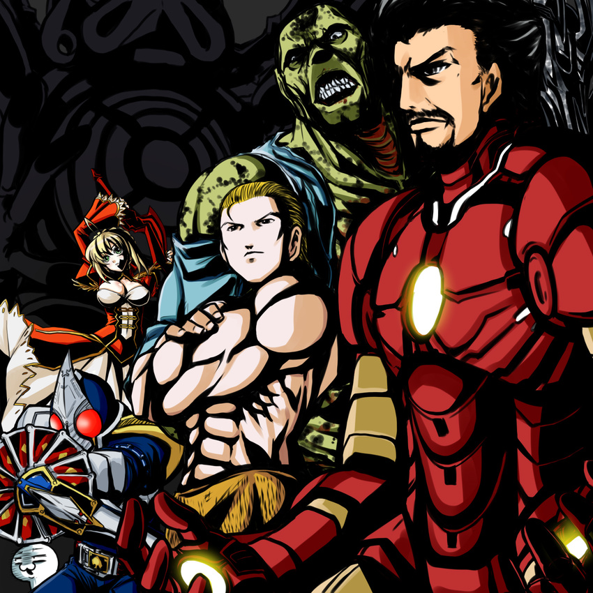 4boys crossover fallout fallout_3 fate/extra fate_(series) fawkes gorakujin highres iron_man kamen_rider kamen_rider_blade kamen_rider_blade_(series) marvel multiple_boys multiple_crossover nero_claudius_(fate) nero_claudius_(fate)_(all) super_mutant tony_stark