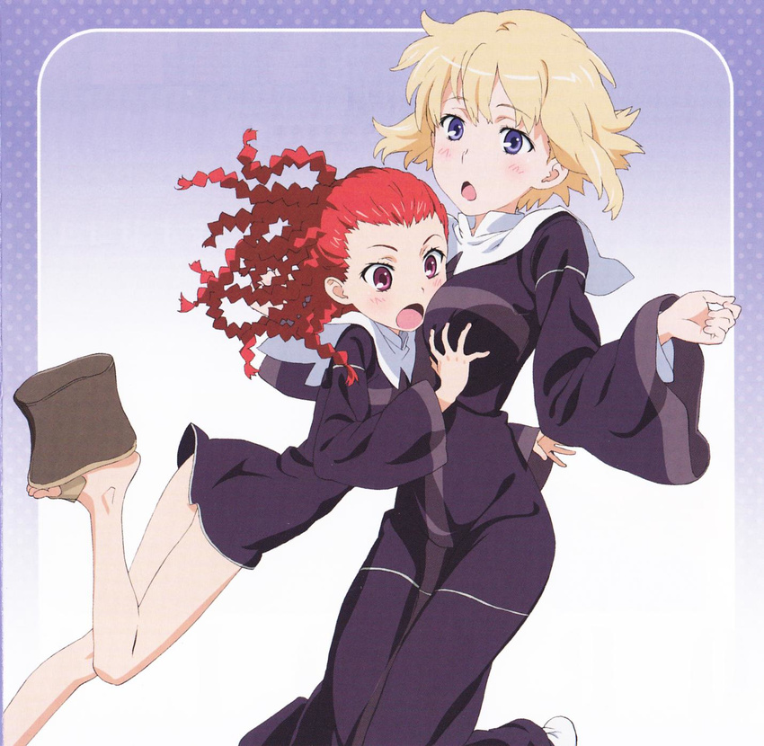 agnese_sanctis artist_request bare_legs blonde_hair blue_eyes blush breast_grab breasts dress falling feet grabbing highres large_breasts legs long_hair multiple_girls non-web_source nun official_art open_mouth orsola_aquinas platform_footwear purple_eyes red_hair sandals scan short_dress short_hair surprised to_aru_majutsu_no_index toes