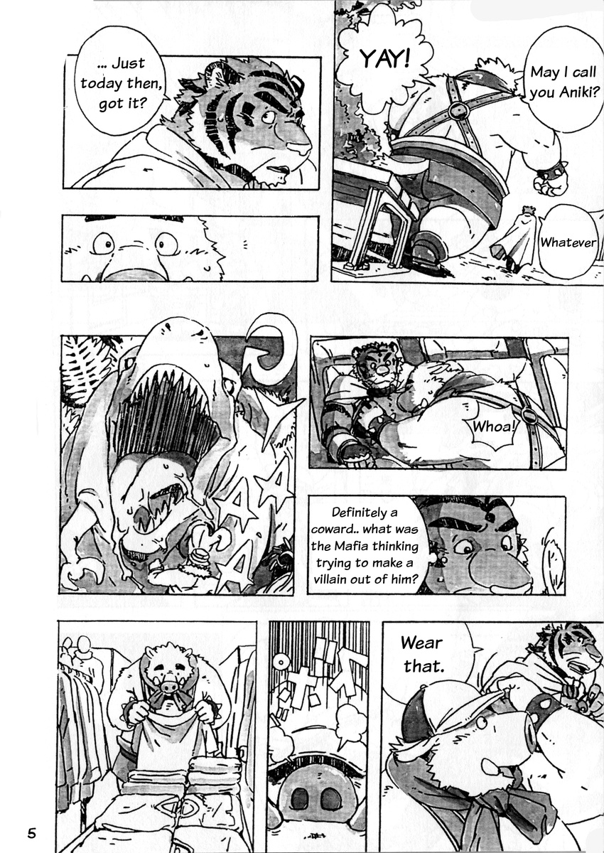 botamochi build_tiger build_tiger_(character) comic feline gamma-g gay greyscale male mammal manga monochrome muscles overweight pig porcine tiger translated