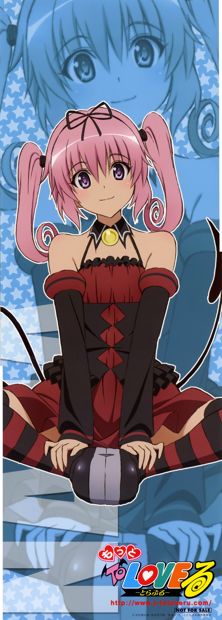 absurdres demon_tail detached_sleeves hair_ribbon highres long_hair long_image nana_asta_deviluke non-web_source pink_hair purple_eyes ribbon solo stick_poster striped striped_legwear tail tall_image thighhighs to_love-ru twintails zoom_layer