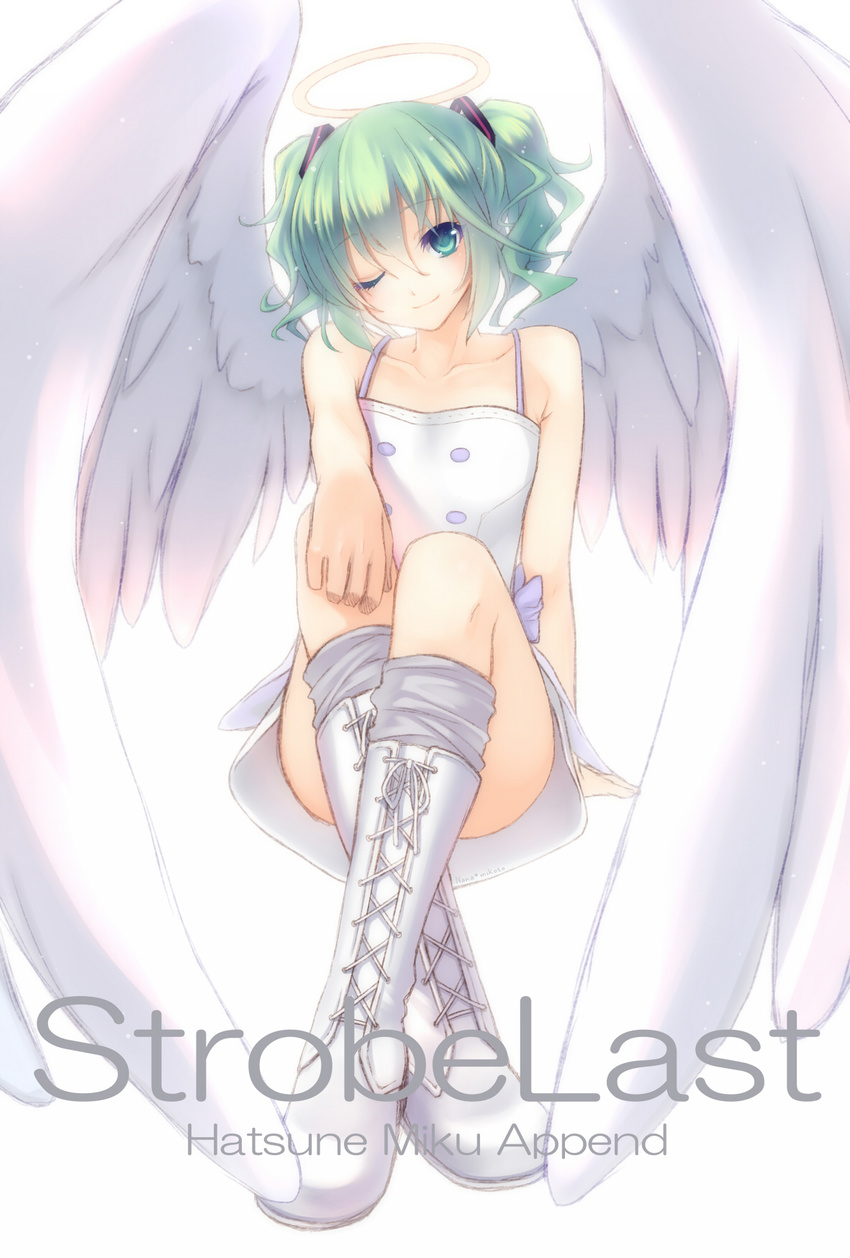 alternate_hair_length alternate_hairstyle angel_wings arm_support bare_shoulders boots cross-laced_footwear crossed_legs green_eyes green_hair halo hatsune_miku highres knee_boots light_smile nana_mikoto one_eye_closed short_hair sitting smile solo strobe_last_(vocaloid) twintails vocaloid wings