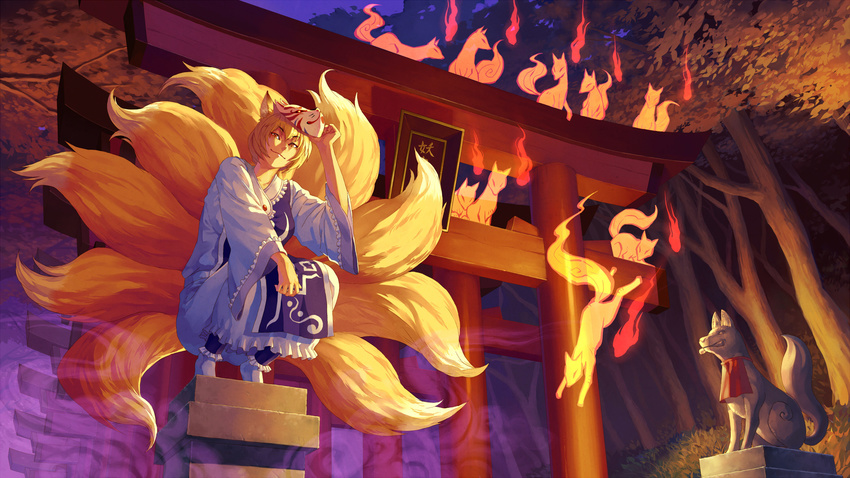 animal_ears bad_id bad_pixiv_id blonde_hair chinese_clothes closed_mouth fire fox_ears fox_mask fox_tail frills highres hitodama inari light_smile mask multiple_tails multiple_torii night no_hat no_headwear om_(carbohydratism) short_hair solo spirit squatting statue tail torii touhou tree yakumo_ran