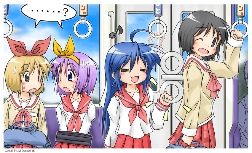 4girls =_= ahoge annaka_haruna bag commentary_request company_connection crossover eighth_note flying_sweatdrops gaketsu hair_ribbon hiiragi_tsukasa holding holding_bag izumi_konata kyoto_animation look-alike lucky_star md5_mismatch mole mole_under_eye multiple_girls musical_note nichijou one_eye_closed open_mouth pleated_skirt ribbon ryouou_school_uniform school_uniform serafuku shared_speech_bubble shinonome_nano skirt speech_bubble spoken_ellipsis surprised sweatdrop tokisadame_school_uniform train_interior winding_key