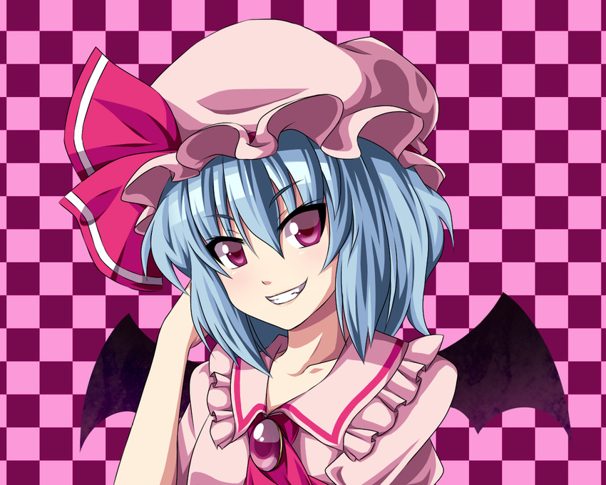 adjusting_hair bat_wings blue_hair brooch checkered checkered_background collarbone face fal_(falketto) grin hat hat_ribbon jewelry purple_eyes remilia_scarlet ribbon short_hair smile solo touhou upper_body wings