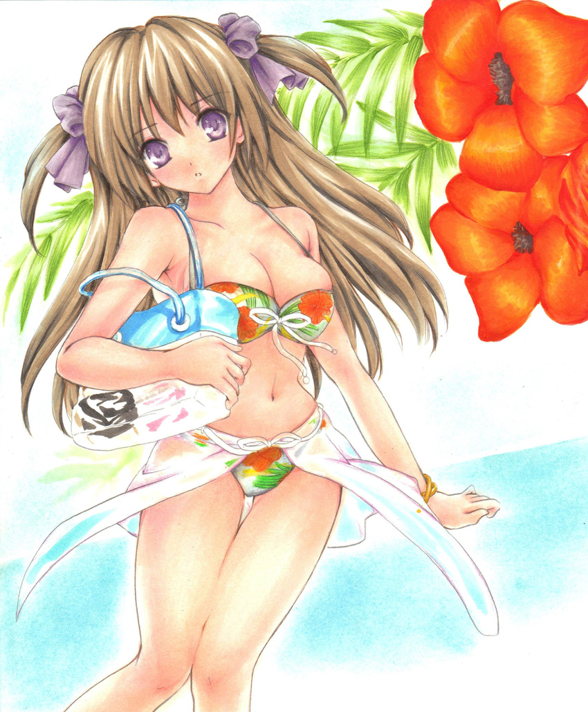 absurdres bad_id bad_pixiv_id bikini blush bracelet breasts brown_hair cleavage colored_pencil_(medium) floral_print flower hair_ribbon highres jewelry long_hair marker_(medium) medium_breasts moneti_(daifuku) navel original pastel_(medium) purple_eyes ribbon sarong solo swimsuit traditional_media translucent_sarong two_side_up white_sarong