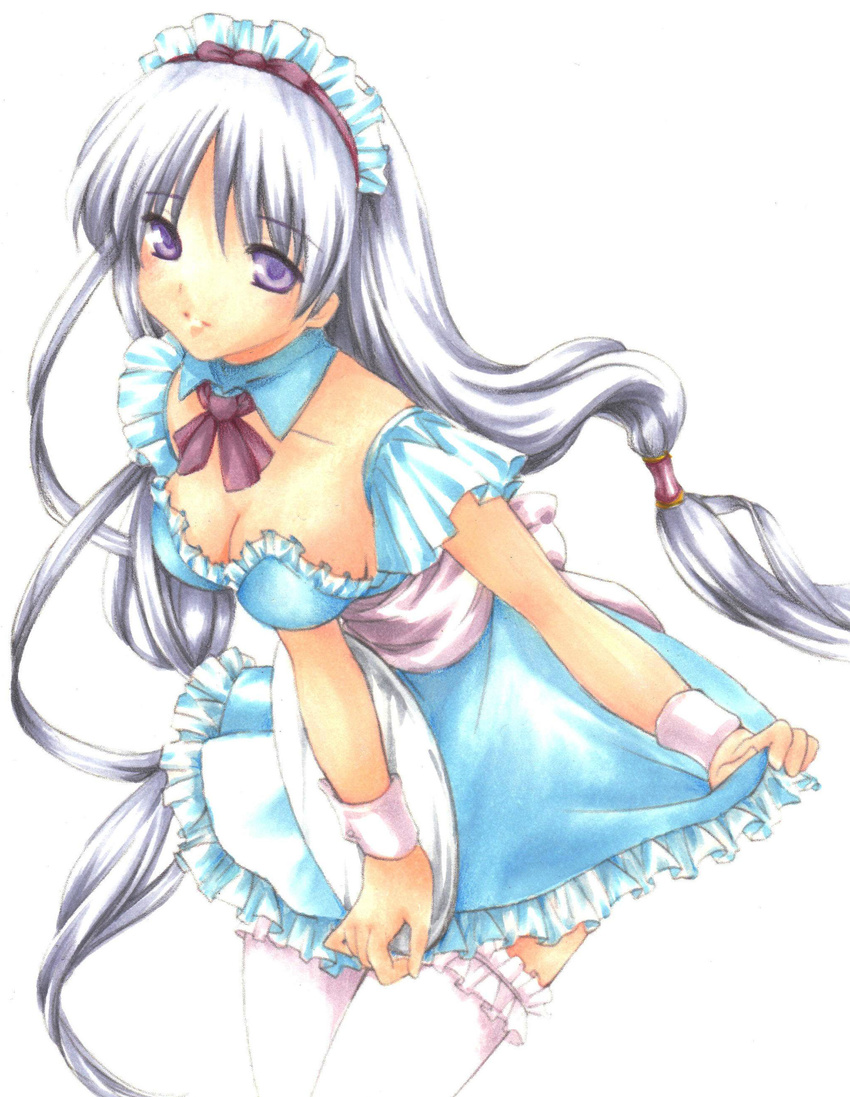 absurdres bad_id bad_pixiv_id blue_eyes blue_hair breasts cleavage colored_pencil_(medium) curtsey garters highres long_hair maid maid_headdress marker_(medium) medium_breasts moneti_(daifuku) original pastel_(medium) simple_background solo thighhighs traditional_media twintails very_long_hair white_legwear wrist_cuffs