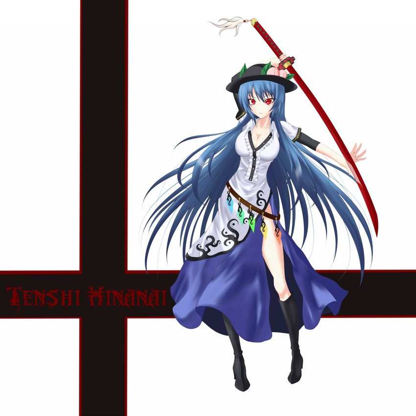 alternate_breast_size blue_hair boots breasts cleavage dress food fruit gmot hat highres hinanawi_tenshi katana large_breasts long_hair older peach red_eyes side_slit solo sword sword_of_hisou touhou very_long_hair weapon