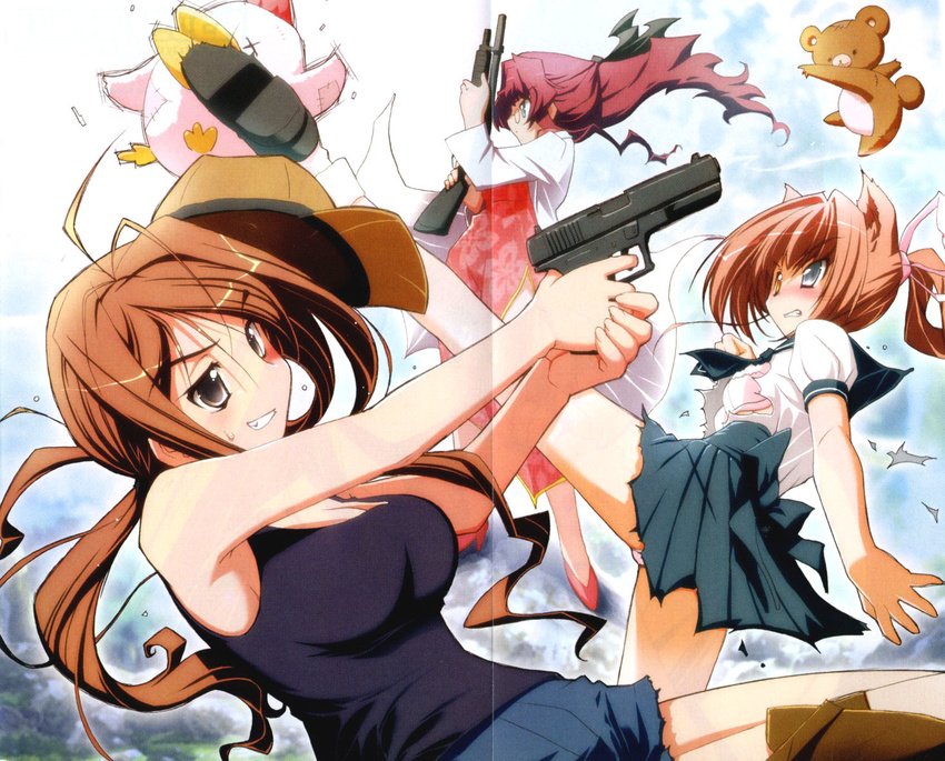 ai_(dragon_crisis!) akata_itsuki animal_ears bianca_alexandra_lou breasts brown_eyes brown_hair cleavage crease dragon_crisis! dress glasses glock green_eyes grin gun handgun heterochromia kicking large_breasts long_hair multiple_girls nanao_eriko non-web_source panties pink_hair pistol ponytail remington_870 scan school_uniform shotgun skirt smile torn_clothes underwear very_long_hair weapon wolf_ears