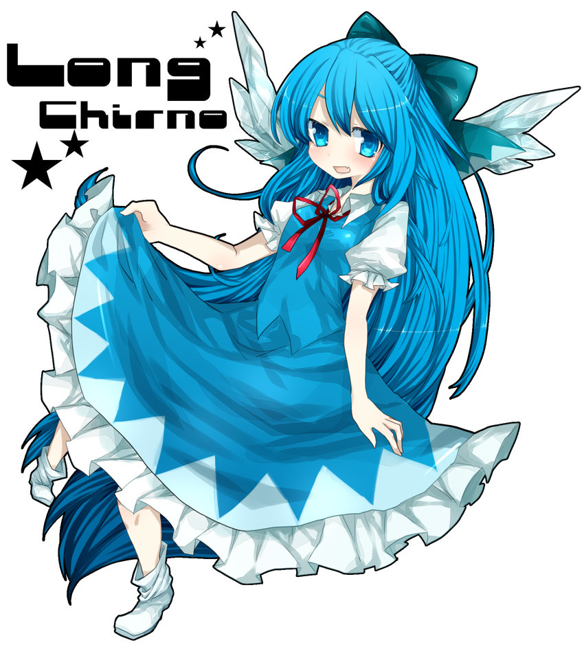 alternate_hairstyle amaya_enaka blue_eyes blue_hair bow cirno dress fang full_body hair_bow highres long_hair solo star touhou transparent_background very_long_hair wings