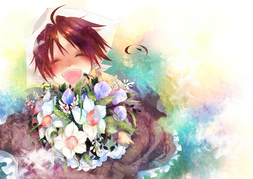 490 ^_^ ahoge apron arms_up axis_powers_hetalia bad_id bad_pixiv_id bandana bangs blush bouquet brown_hair child closed_eyes crossdressing dress flower from_above happy holding maid male_focus northern_italy_(hetalia) skirt solo