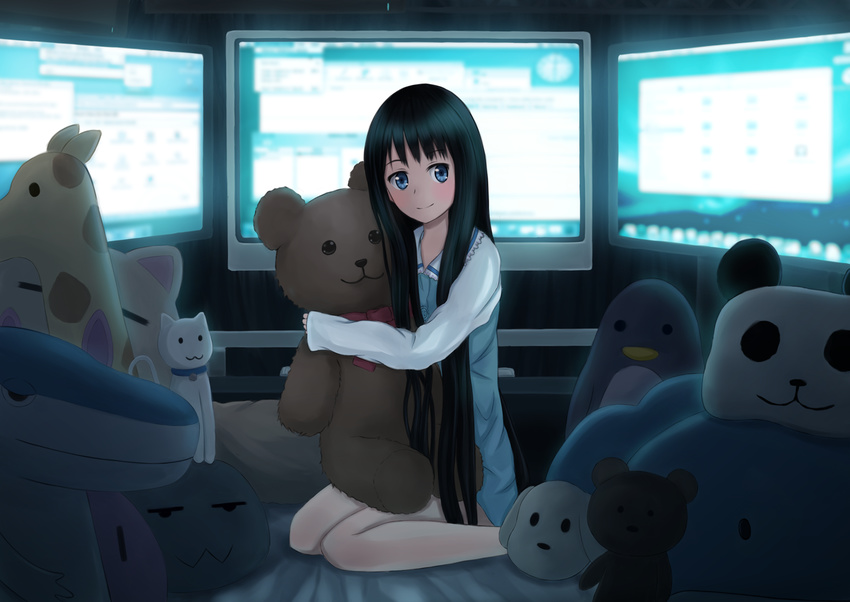 black_hair blue_eyes kami-sama_no_memo-chou long_hair pajamas shionji_yuuko solo stuffed_animal stuffed_toy teddy_bear willgoon