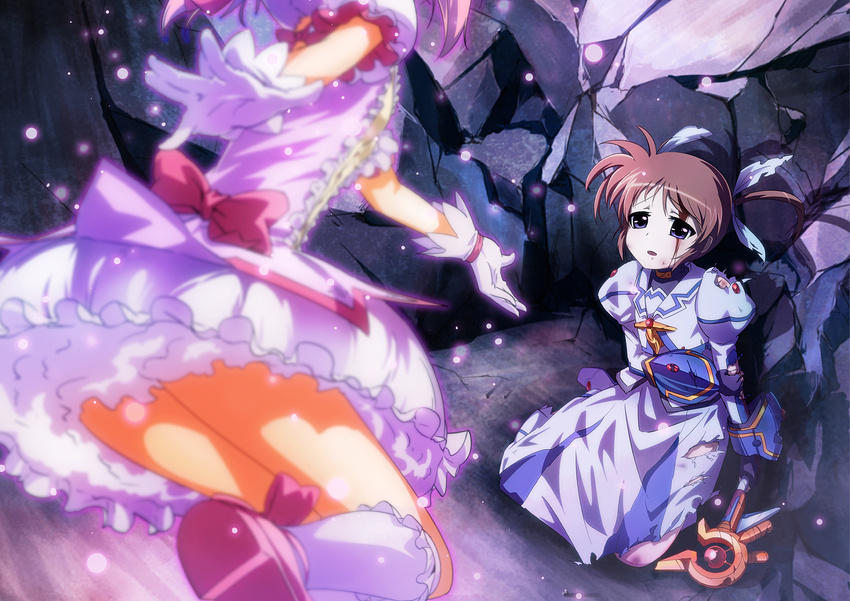 akemi_homura arm_holding blood blood_on_face blue_eyes blurry bow brown_hair bubble_skirt bun150 commentary crack cristina_valenzuela crossover depth_of_field dress flying gloves hair_ribbon highres holding_arm injury kaname_madoka kneehighs kneeling lyrical_nanoha magical_girl mahou_shoujo_lyrical_nanoha mahou_shoujo_lyrical_nanoha_the_movie_1st mahou_shoujo_madoka_magica multiple_girls open_mouth outstretched_hand pink_hair pink_skirt raising_heart reaching ribbon seiyuu_connection short_twintails sitting skirt staff takamachi_nanoha torn_clothes twintails upskirt white_gloves