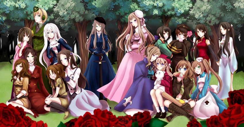 america_(hetalia) austria_(hetalia) axis_powers_hetalia beret black_hair blonde_hair blue_eyes brown_eyes brown_hair canada_(hetalia) china_(hetalia) china_dress chinese_clothes coat dress everyone flower france_(hetalia) genderswap genderswap_(mtf) germany_(hetalia) glasses gloves green_eyes hair_ornament hairclip hat headphones highres hong_kong_(hetalia) jacket japan_(hetalia) japanese_clothes kimono korea_(hetalia) kumajirou_(hetalia) long_hair multiple_girls northern_italy_(hetalia) ponytail prussia_(hetalia) purple_eyes rose russia_(hetalia) short_hair sleeves_past_wrists southern_italy_(hetalia) spain_(hetalia) sweden_(hetalia) sword thailand_(hetalia) tree twintails united_kingdom_(hetalia) weapon yuri_chikao