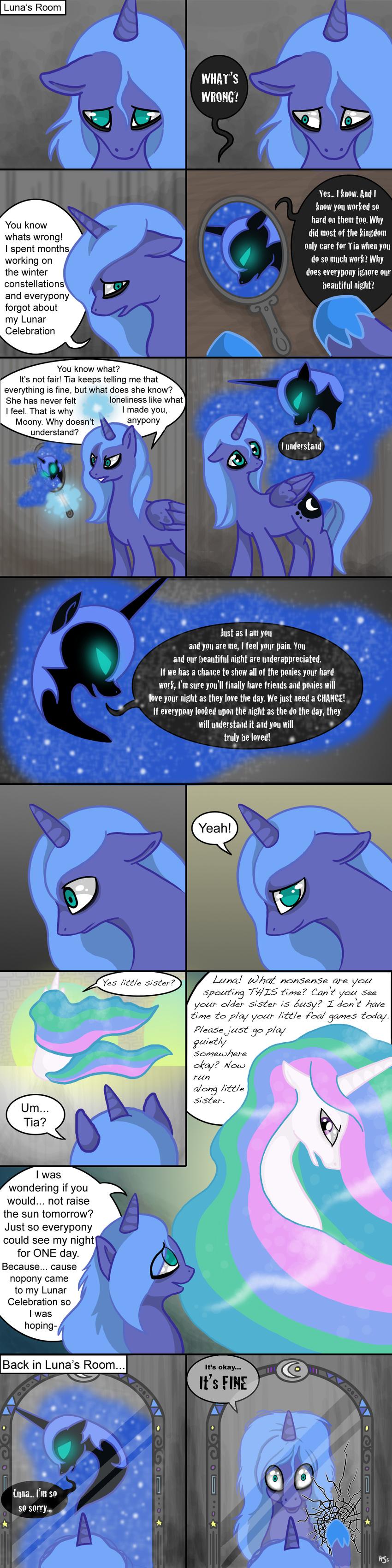 alicorn comic cutie_mark english_text equine female feral friendship_is_magic hasbro horn horse inkypad insane mammal mirror my_little_pony nightmare_moon_(mlp) pegacorn pony princess_celestia_(mlp) princess_luna_(mlp) sad text winged_unicorn wings