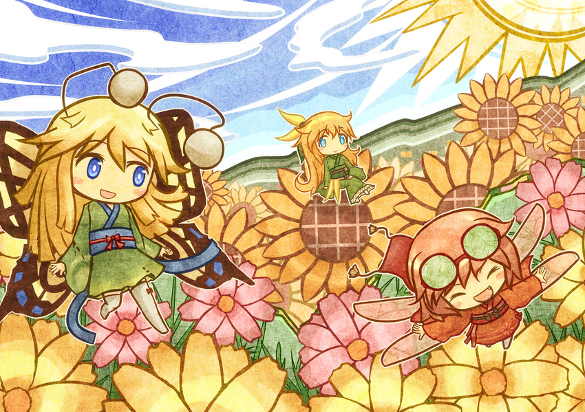 akihiyo antennae blonde_hair blue_eyes blush_stickers bow bug butterfly_wings closed_eyes dragonfly fairy fang flower goggles highres insect insect_wings japanese_clothes kimono long_hair minigirl multiple_girls open_mouth original personification red_hair sitting sunflower tail thighhighs wings