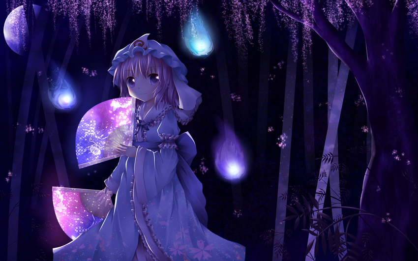 blue_eyes dark fan folding_fan furomaaju_(fromage) hat hitodama moon night pink_hair purple_eyes saigyouji_yuyuko saigyouji_yuyuko's_fan_design smile solo touhou triangular_headpiece wallpaper