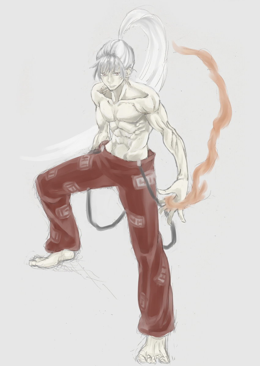 abs barefoot fujiwara_no_mokou full_body genderswap genderswap_(ftm) highres long_hair male_focus manly muscle pants ponytail shirtless simple_background solo suspenders touhou yostel