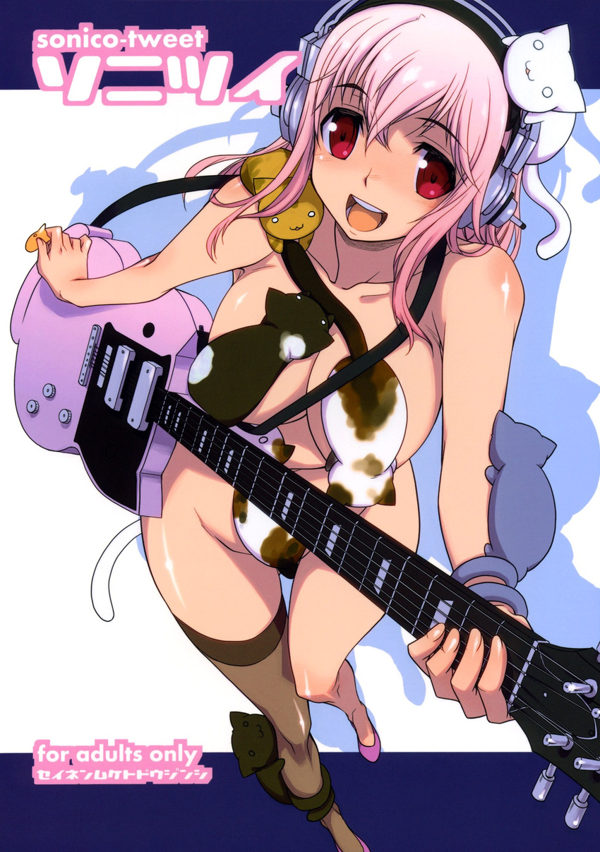 breasts cat censored cover cover_page doujinshi guitar headphones highres hisakawa_chin instrument large_breasts long_hair nitroplus novelty_censor nude open_mouth pink_hair plectrum red_eyes smile solo super_sonico thighhighs