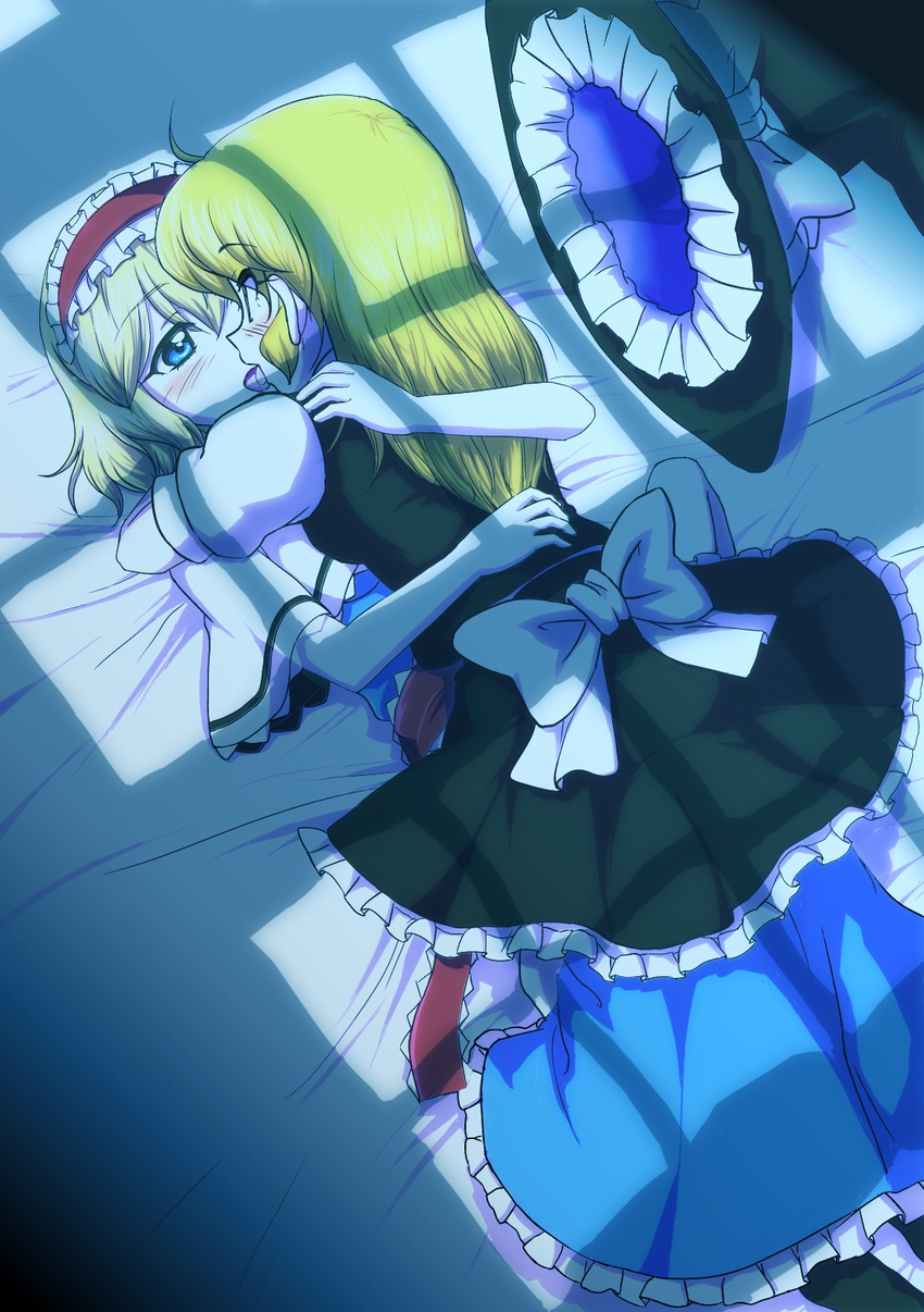 alice_margatroid bad_id bad_pixiv_id bed blonde_hair blue_eyes blush bow couple dress frills greatestwashi hat hat_bow hat_removed headwear_removed highres kirisame_marisa kiss multiple_girls night pantyhose shadow touhou witch_hat yuri