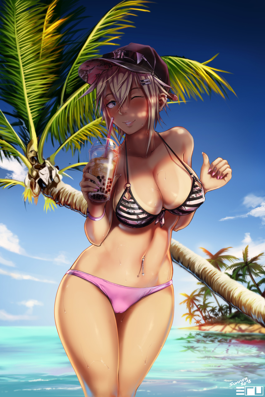 1girl ;) absurdres arms_at_sides baseball_cap beach bikini bikini_tan blonde_hair blue_eyes blue_sky blush breasts bubble_tea cameltoe cleavage collarbone commentary cup curvy dappled_sunlight disposable_cup drinking_straw ear_piercing earrings english_commentary eru-sennin eyelashes front-tie_bikini front-tie_top hair_between_eyes hair_ornament hairclip hat highres jewelry large_breasts leaning_forward legs_together lips lipstick looking_at_viewer makeup maki_(eru) nail_polish navel navel_piercing ocean one_eye_closed original palm_tree parted_lips piercing pink_bikini pink_nails short_hair sky smile solo standing strap_gap striped_bikini_top summer sunlight sweat swimsuit tan tanline tree