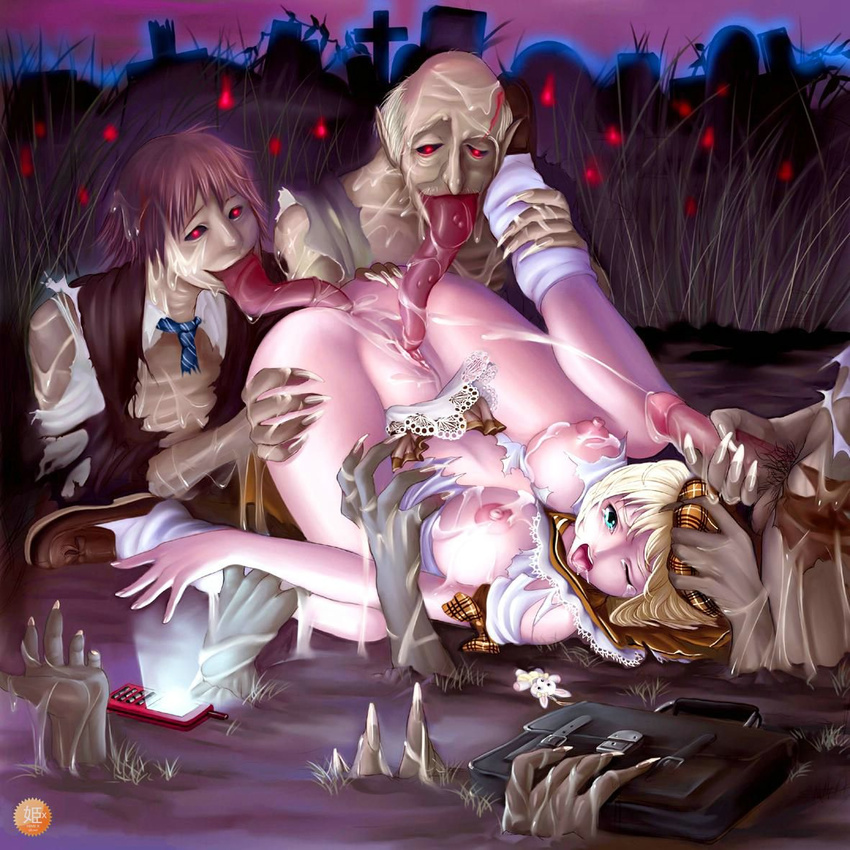 blonde_hair blue_eyes breasts cemetery cimetery cloth_torn cunnilingus double_penetration forced graveyard hand hands huge_tongue licking lying monster monsterhentai necrophilia oral penetration penis rape tentacle torn_clothes zombie