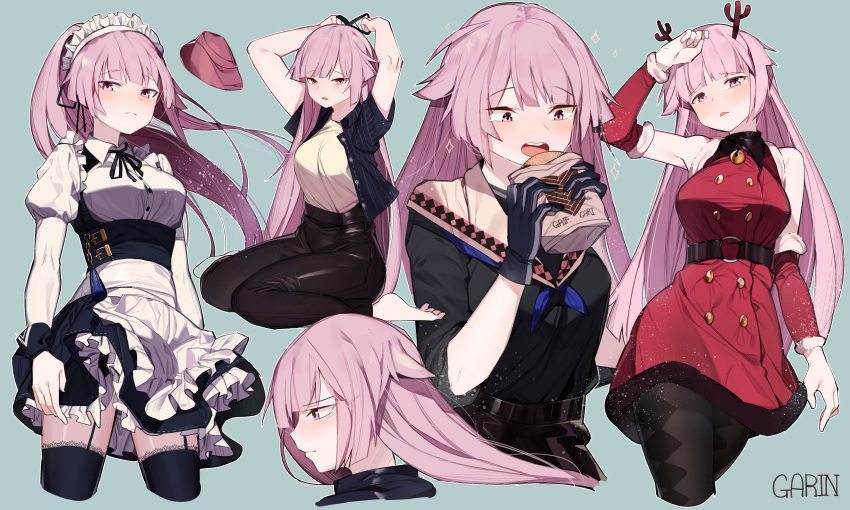 anthropomorphism apron barefoot blue dress food garin garter_belt girls_frontline gloves headdress long_hair maid ntw-20_(girls_frontline) pantyhose pink_eyes pink_hair signed stockings thighhighs