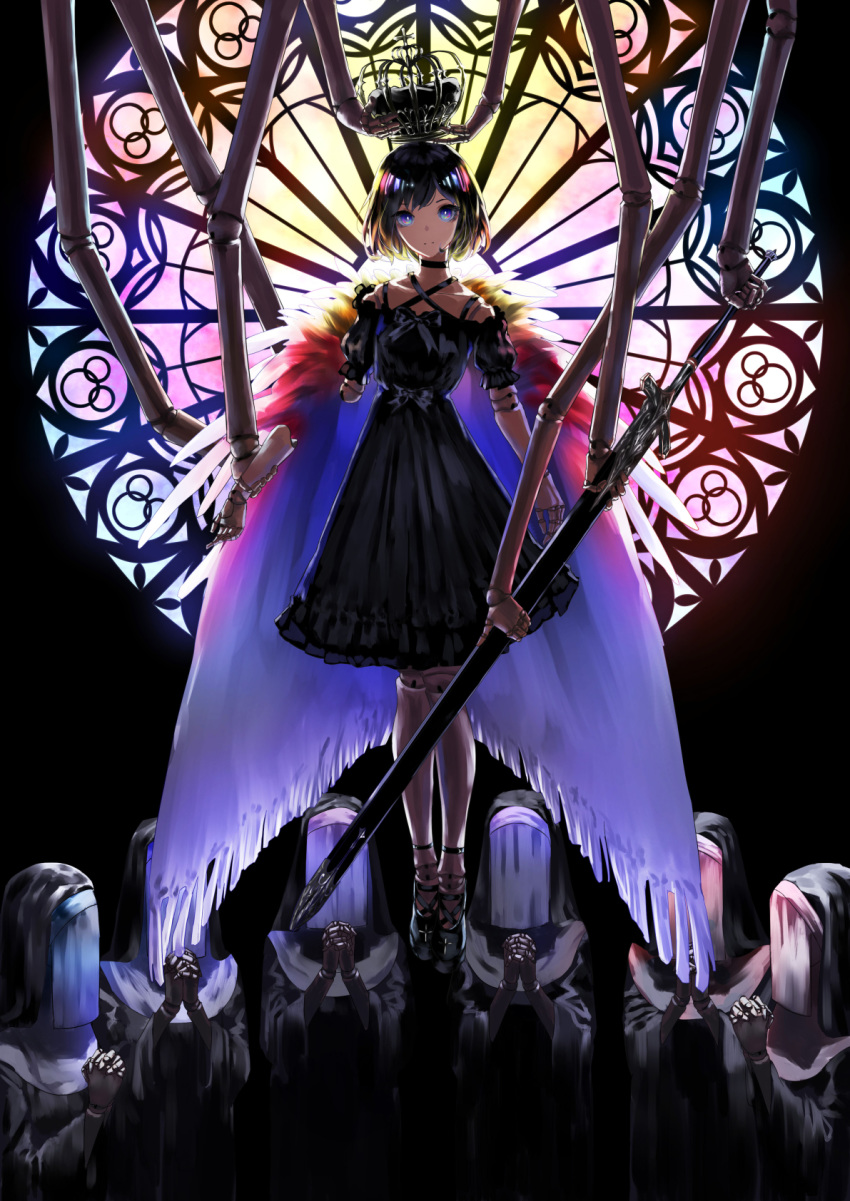 1girl black_hair cape choker covered_face crown detached_arm doll_joints dress expressionless feather_trim floating hands_clasped highres looking_at_viewer multicolored multicolored_eyes nun original own_hands_together praying short_hair stained_glass sword tsuki-shigure veil weapon window