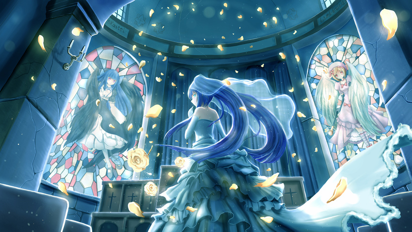 aqua_eyes back bare_shoulders blue_hair bridal_veil church cross dawn_of_the_golden_witch dress elbow_gloves floating_hair flower frederica_bernkastel from_behind furudo_erika gloves gothic_lolita highres indoors lambdadelta lolita_fashion long_hair looking_at_viewer looking_back multiple_girls petals rose see-through sidelocks stained_glass twintails umineko_no_naku_koro_ni veil very_long_hair wallpaper wedding_dress widescreen wings zen_(weishanzhe)