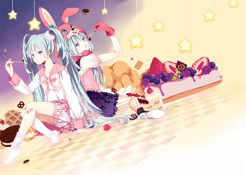 animal_hood arm_up bandaid bandaid_on_knee bloomers blue_eyes blue_hair blueberry bow bunny_hood cake cookie dress dual_persona food fork frills fruit gloves hatsuko hatsune_miku hood long_hair lots_of_laugh_(vocaloid) multiple_girls no_shoes open_mouth pantyhose pink_dress sailor_collar scrunchie shirt sitting skirt socks star strawberry striped striped_legwear sweets tile_floor tiles twintails underwear vertical-striped_legwear vertical_stripes very_long_hair vocaloid