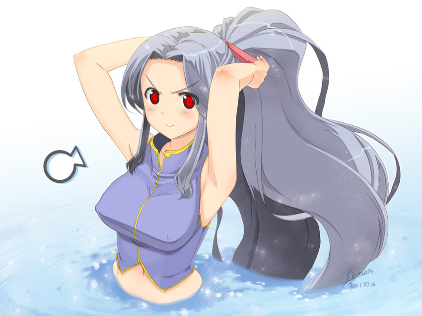 &gt;:) adjusting_hair arksign armpits arms_up breasts covered_nipples grey_(arksign) grey_hair kimura_shigetaka large_breasts long_hair midriff ponytail red_eyes sigh signature silver_hair smile solo v-shaped_eyebrows very_long_hair wading water