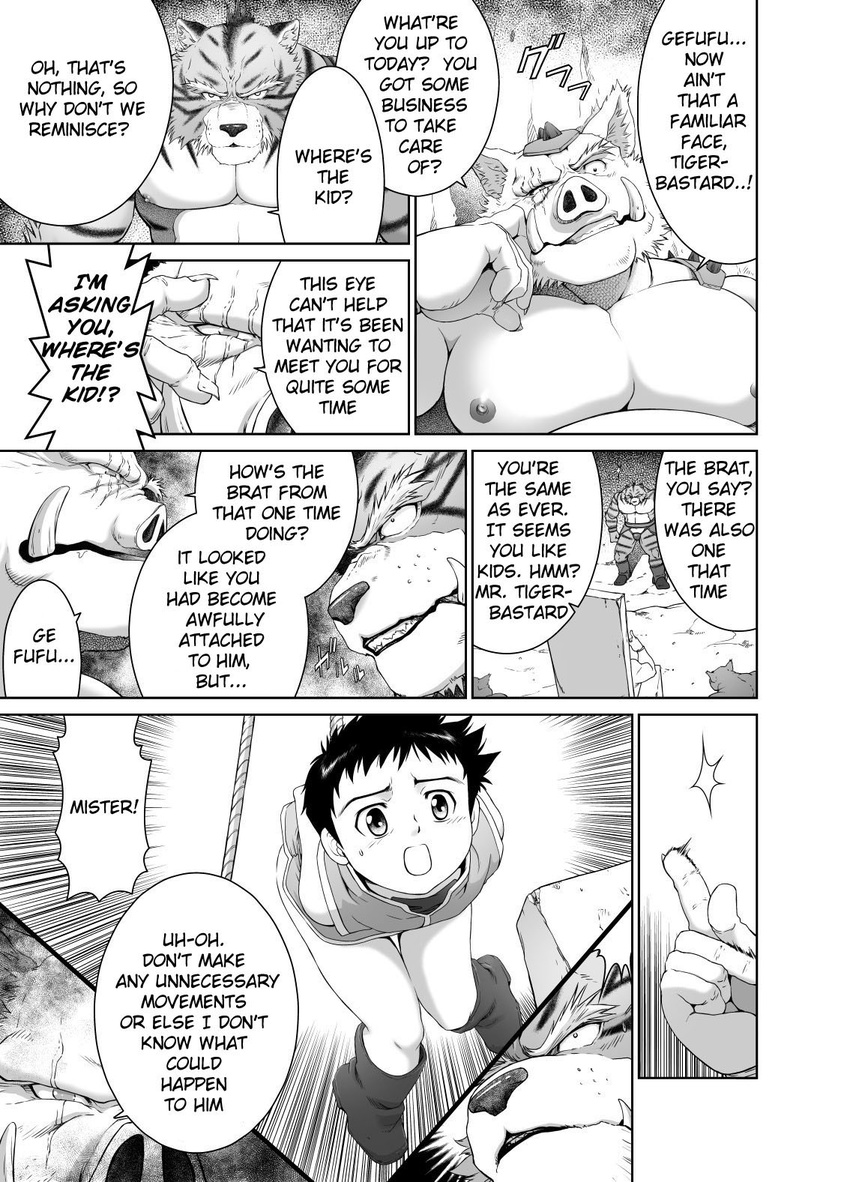 beastmen_forest biceps big_muscles black_and_white boar cave comic english_text feline gay greyscale human kid male mammal manga monochrome muscles neyukidou nipples ork porcine text tiger
