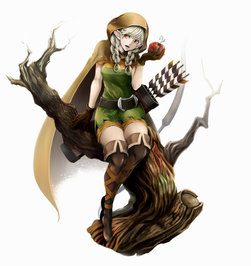 apple arrow bare_tree belt boots bow_(weapon) braid cloak dragon's_crown elf elf_(dragon's_crown) food fruit gloves highres open_mouth orange_eyes pointy_ears quiver shorts simple_background sitting solo ten_(k1208) thigh_boots thighhighs tree twin_braids weapon white_hair