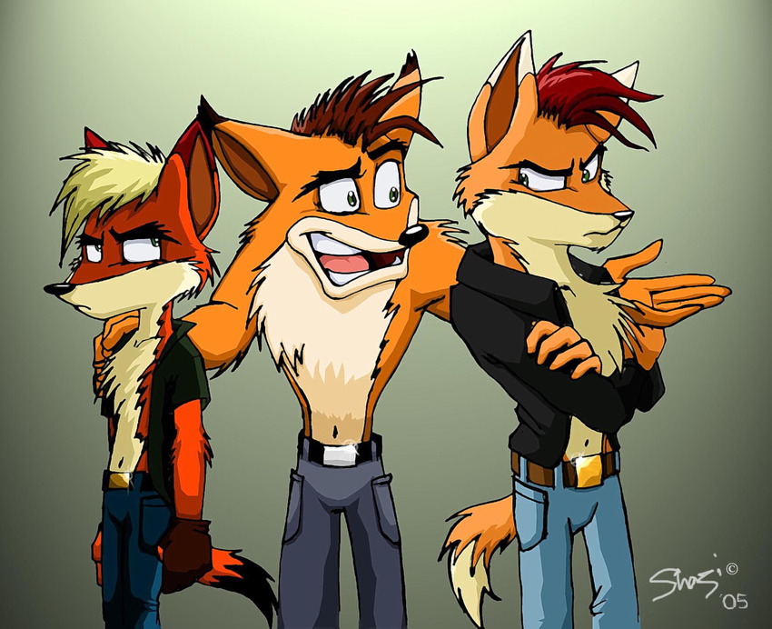 bandicoot belt blonde_hair brown_hair canine chest_tuft crash_bandicoot crash_bandicoot_(series) fox fur gloves green_eyes hair jeans male mammal marsupial red_hair sega shax tuft video_games