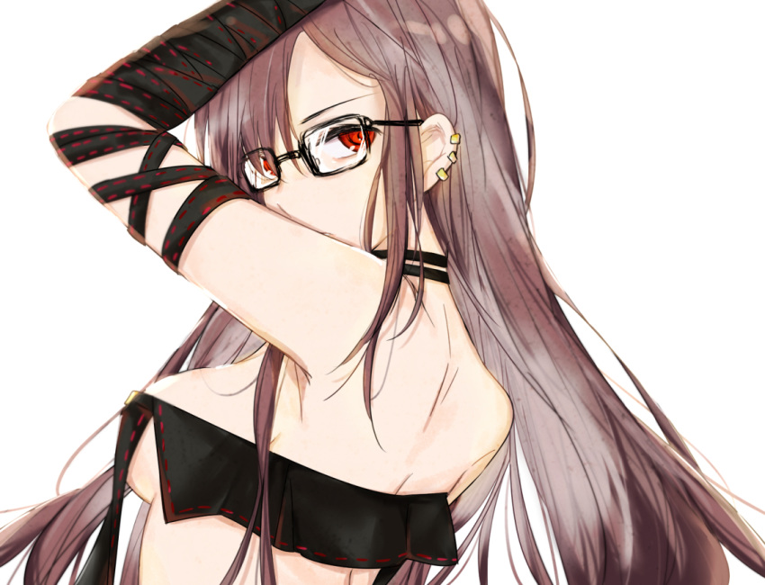 breasts brown_hair choker consort_yu elbow_gloves fate/grand_order fate_(series) glasses gloves long_hair nono_(011299) red_eyes white