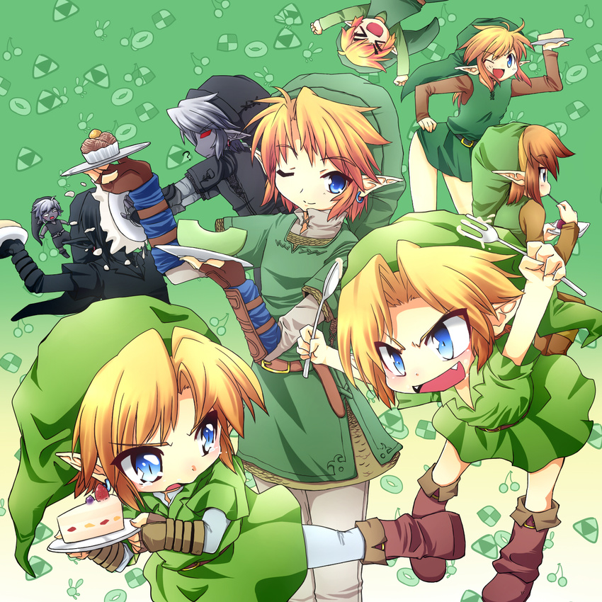 &gt;_&lt; :d ? \o/ arms_up belt black_hair blonde_hair blue_eyes blueberry blush_stickers boots brown_hair buckle cake checkerboard_cookie cherry chibi child closed_eyes cookie dark_link doughnut earrings fangs fingerless_gloves food fork fruit gloves grey_hair grey_skin hand_on_hip hat highres in_the_face innocent_key jewelry link male_focus mashiron melon multiple_boys multiple_persona navi one_eye_closed open_mouth outstretched_arms parody pie_in_face plate pointy_ears pointy_hair popped_collar red_eyes smile spoon strawberry tears the_legend_of_zelda the_legend_of_zelda:_a_link_to_the_past the_legend_of_zelda:_four_swords the_legend_of_zelda:_majora's_mask the_legend_of_zelda:_ocarina_of_time the_legend_of_zelda:_the_wind_waker the_legend_of_zelda:_twilight_princess toon_link touhou triforce tunic upside-down wrist_cuffs zelda_ii:_the_adventure_of_link