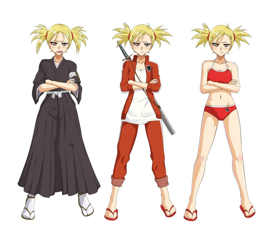 angry bleach blonde_hair blush brown_eyes crossed_arms dorimushirou flat_chest freckles japanese_clothes katana kimono looking_at_viewer navel sandals sarugaki_hiyori short_hair short_twintails sleeves_pushed_up sports_bikini swimsuit sword track_suit twintails weapon